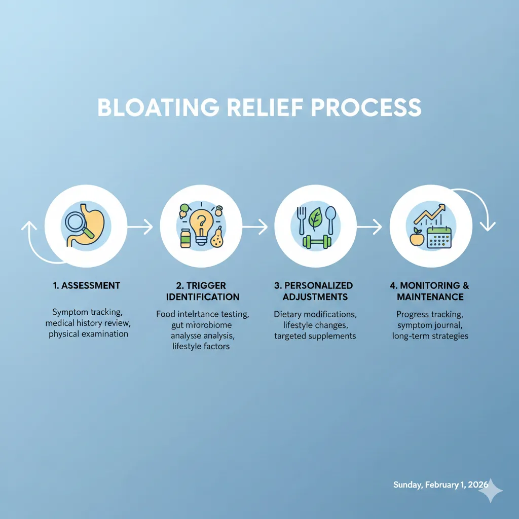 Diagram showing common bloating triggers: food combinations, eating speed, gut bacteria imbalances, and stress