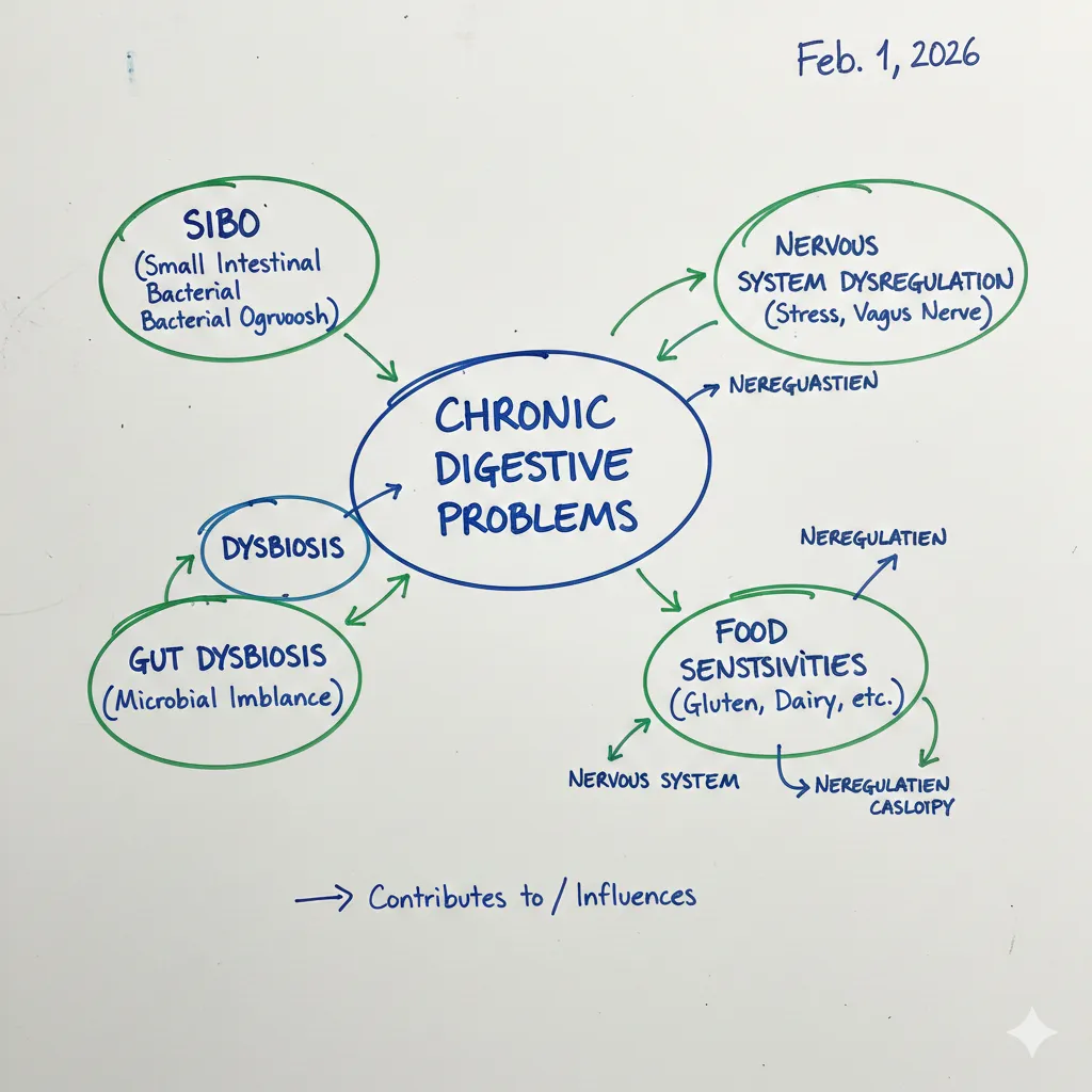 Diagram showing root causes of chronic digestive problems including SIBO, gut dysbiosis, nervous system dysregulation, and food sensitivities