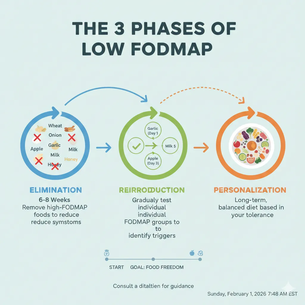 Infographic showing the 3 phases of Low FODMAP: Elimination, Reintroduction, and Personalization
