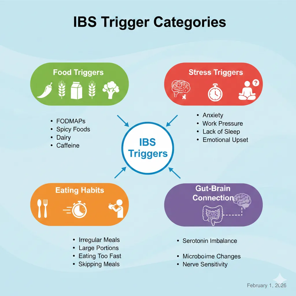 Diagram showing IBS trigger categories: food triggers, stress triggers, eating habits, and gut-brain connection