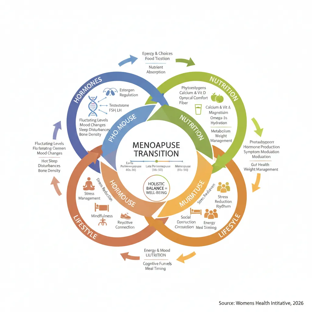 Diagram showing how hormones, nutrition, and lifestyle connect during menopause transition
