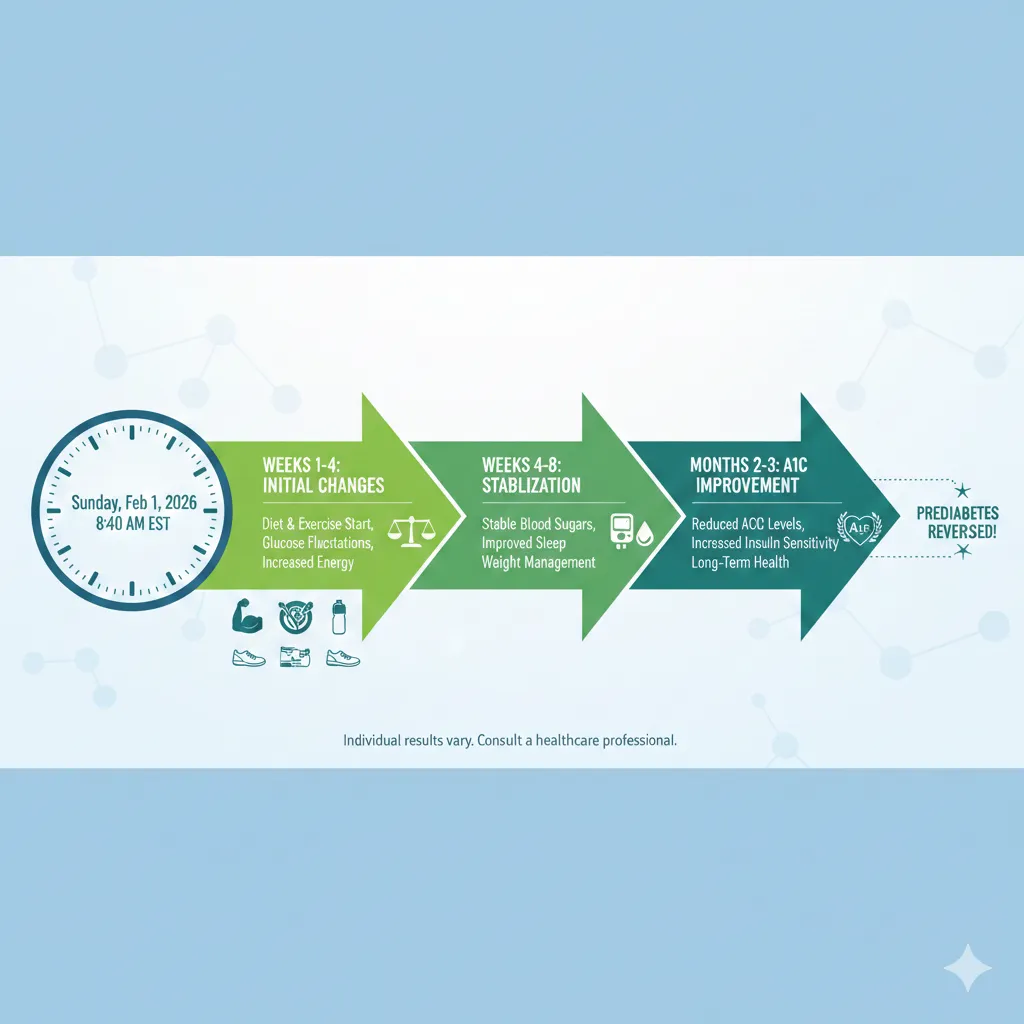 Timeline showing typical prediabetes reversal journey: weeks 1-4 initial changes, weeks 4-8 stabilization, months 2-3 A1C improvement