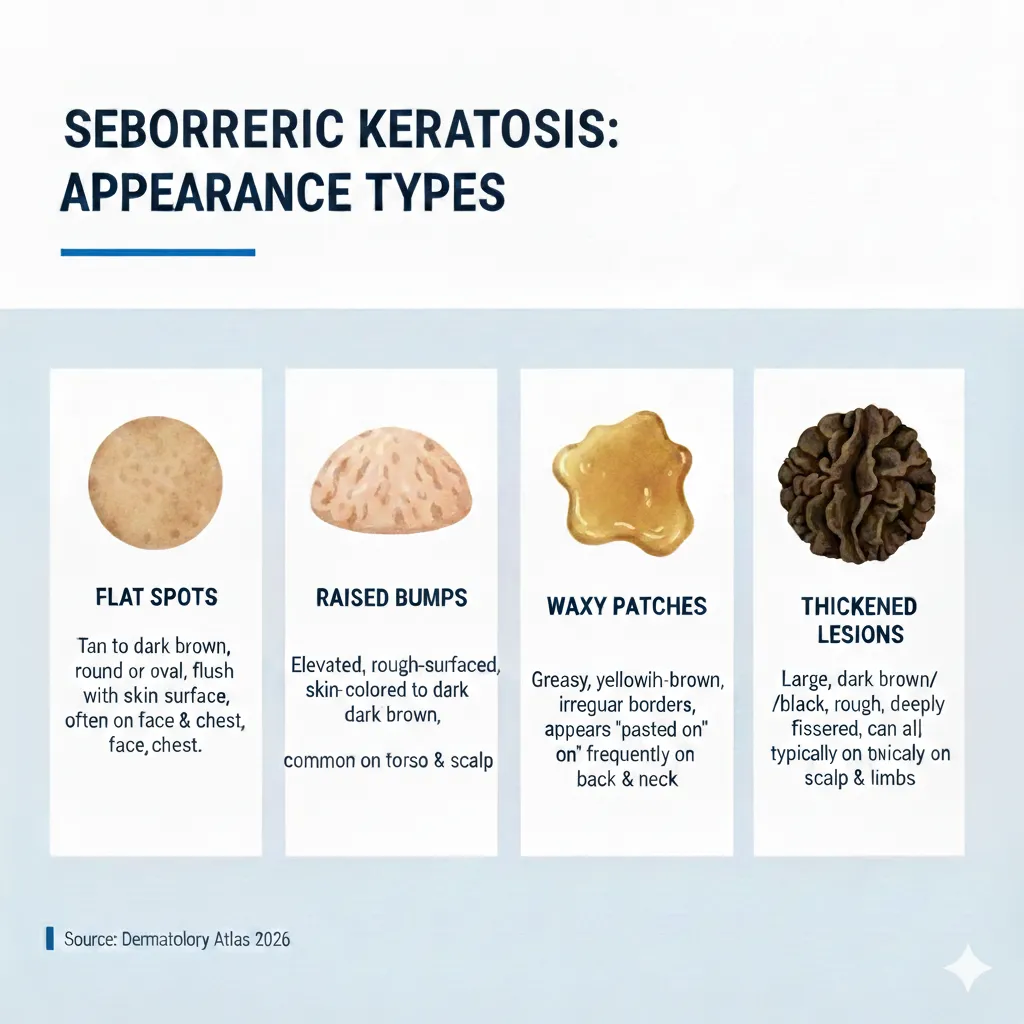 Infographic showing types of seborrheic keratosis appearances including flat spots, raised bumps, waxy patches, and thickened lesions