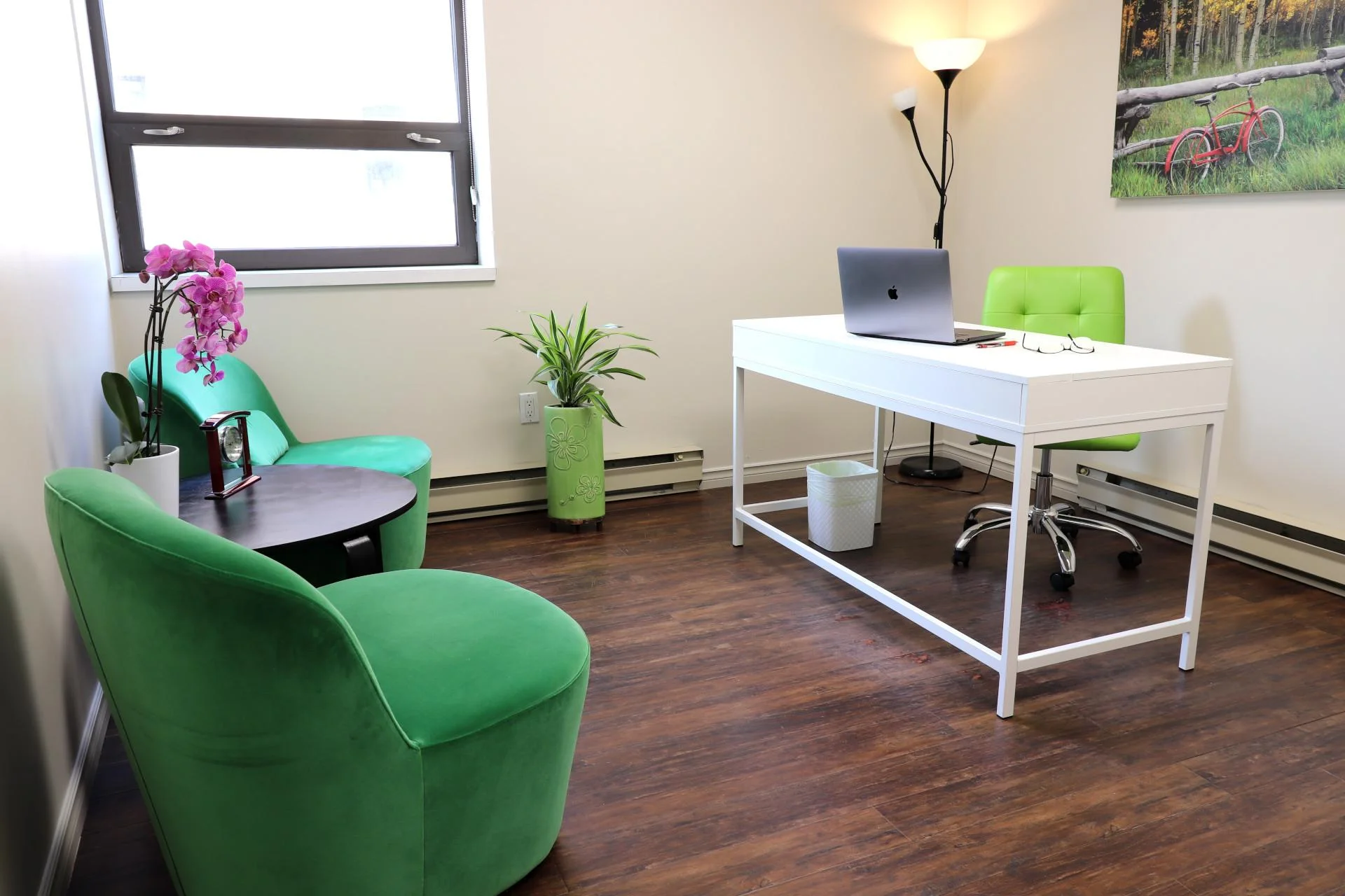 Maurin Casella at the Vicaria Health office in Hamilton, seated at a desk with her hands folded